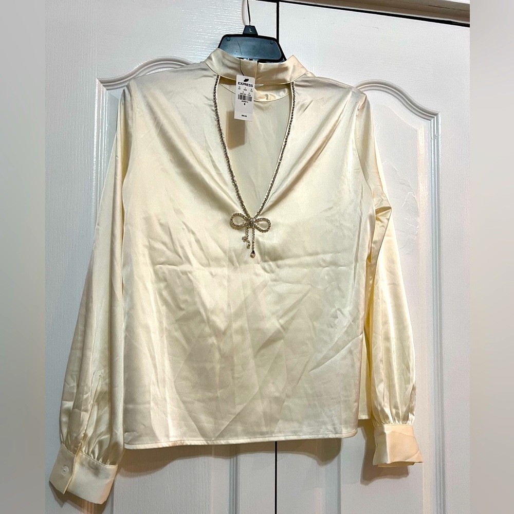 Express Medium Long Sleeve Woman V- Neck Blouse with stones around & below neck - Picture 1 of 7